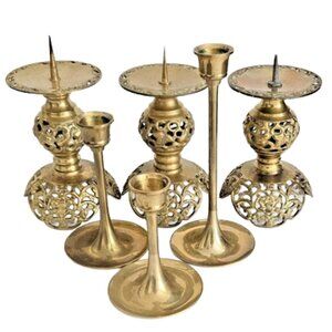 6 Vintage Brass Candleholder & Candle Stick Group
